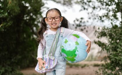 Smiling Girl Holding an Inflatable Globe. self-esteem